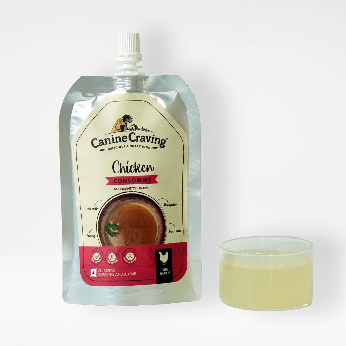 Canine Craving Chicken Broth served in a bowl beside the 150 ml pouch