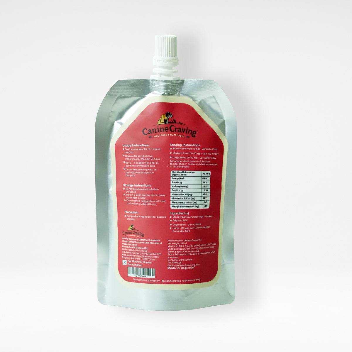 Back of Canine Craving Chicken Broth 150 ml pouch with product information