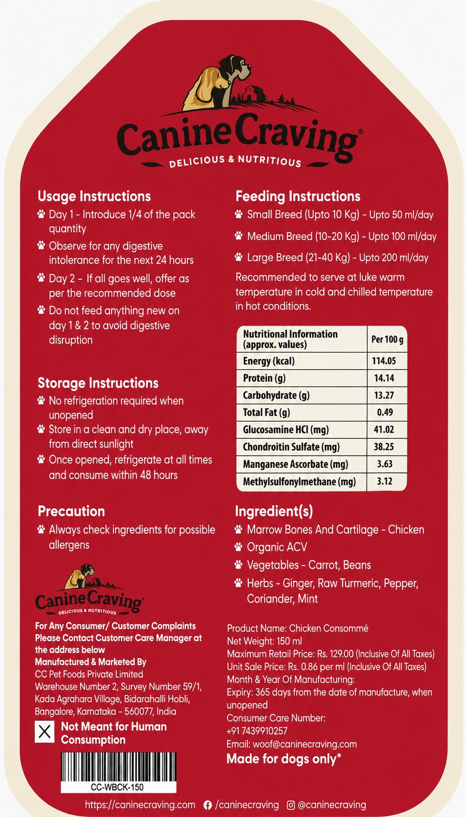 Canine Craving Chicken Broth product details and serving information