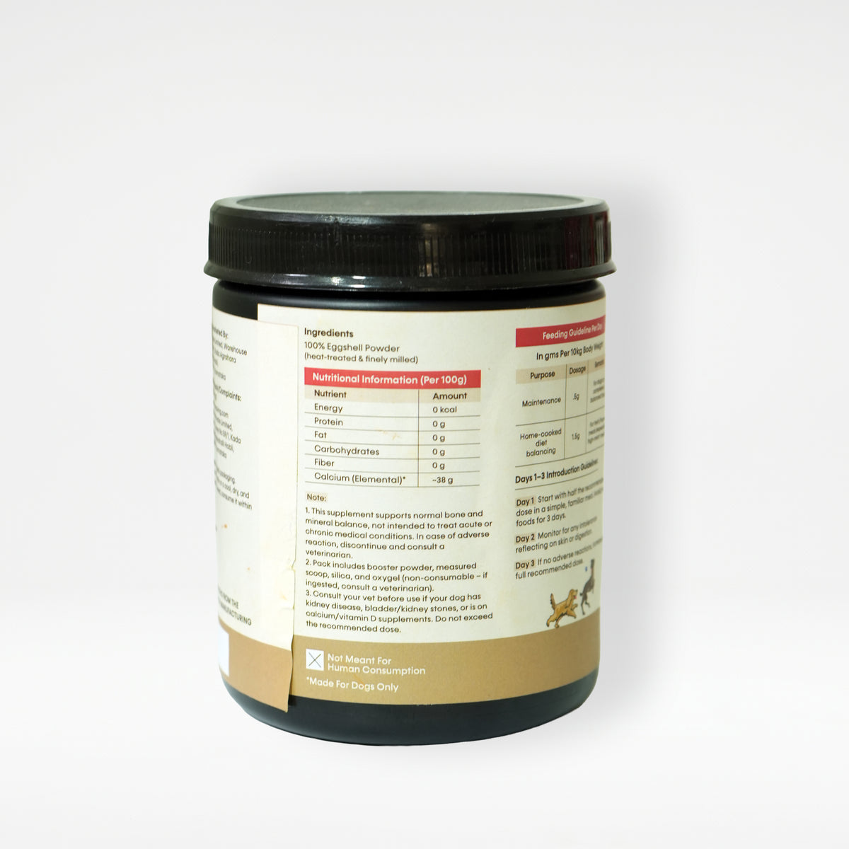 Eggshell Calcium Powder dog supplement back label with ingredients and nutritional information