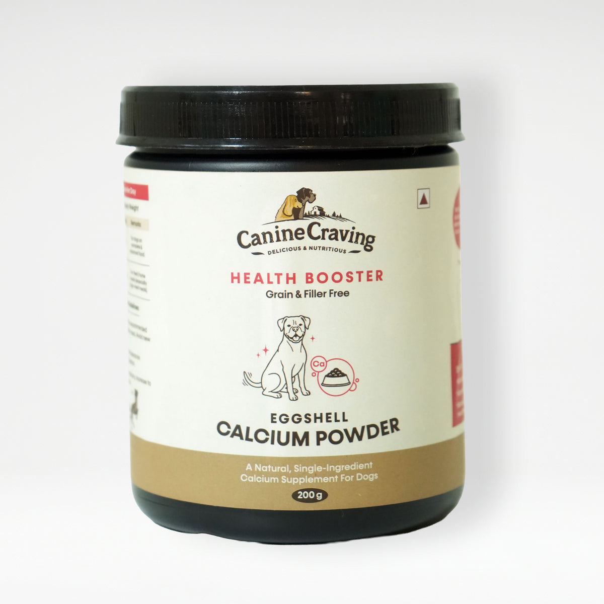 Canine Craving Eggshell Calcium Powder for dogs – front of 200 g jar
