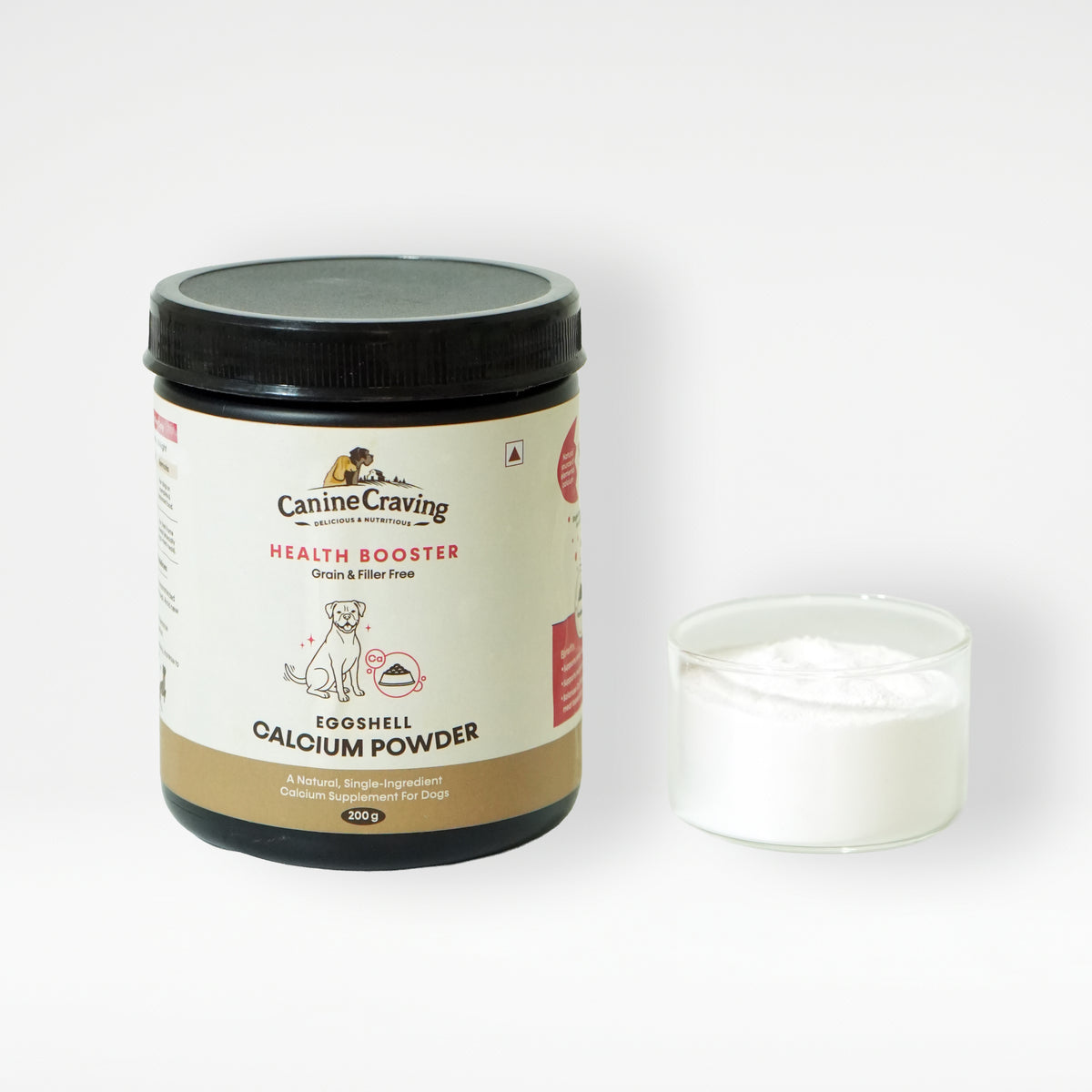 Eggshell Calcium Powder dog supplement powder close-up with wooden scoop