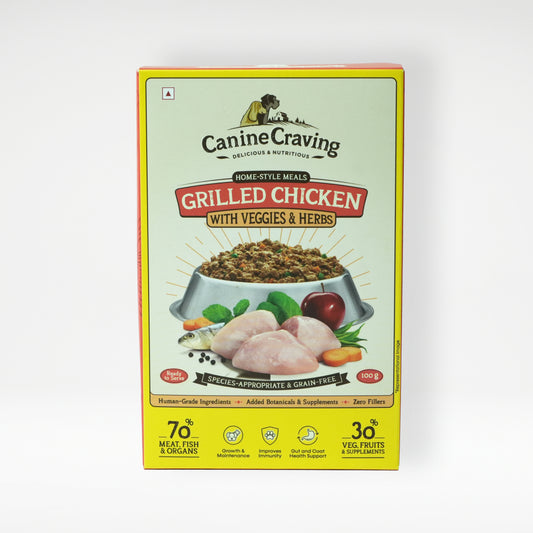 Canine Craving Grilled Chicken with Veggies & Herbs fresh meal pack, front view