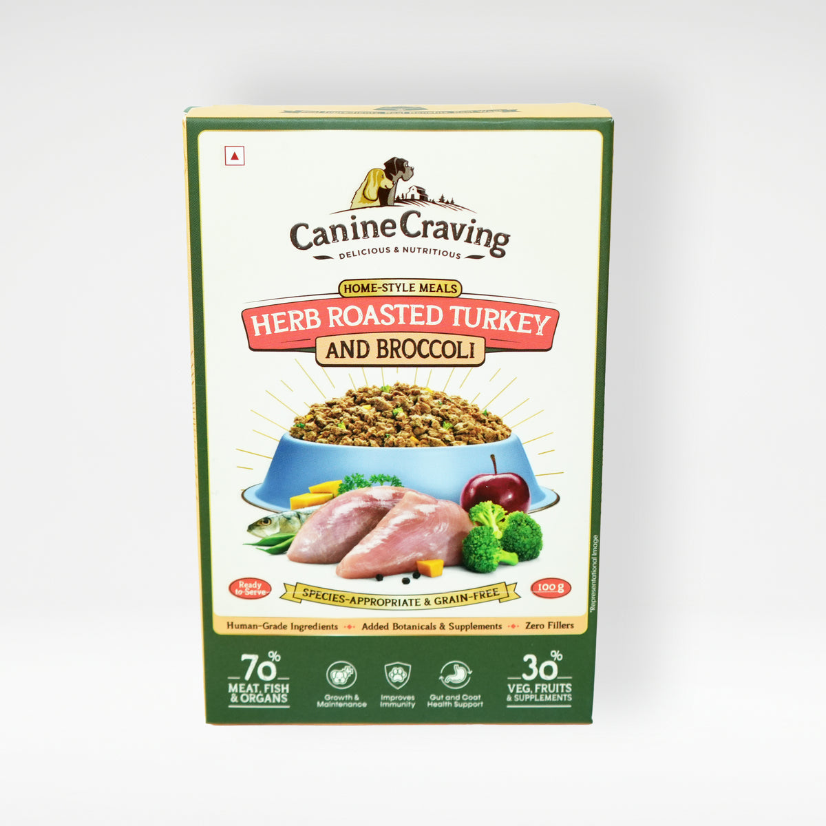 Canine Craving Herb Roasted Turkey and Broccoli fresh meal pack, front view