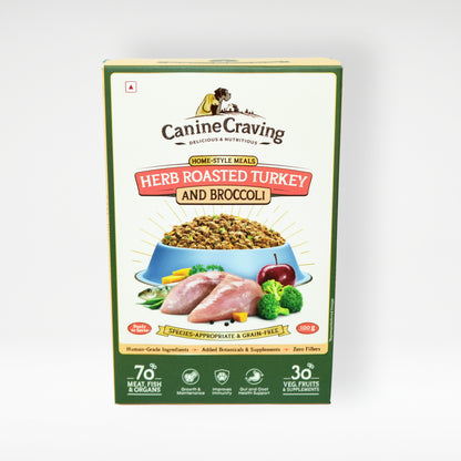 Canine Craving Herb Roasted Turkey and Broccoli fresh meal pack, front view