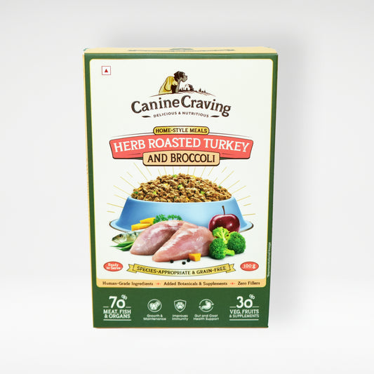 Canine Craving Herb Roasted Turkey and Broccoli fresh meal pack, front view