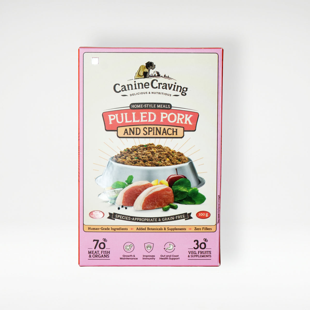 Canine Craving Pulled Pork and Spinach fresh meal pack, front view