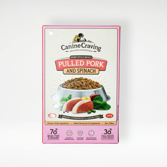 Canine Craving Pulled Pork and Spinach fresh meal pack, front view