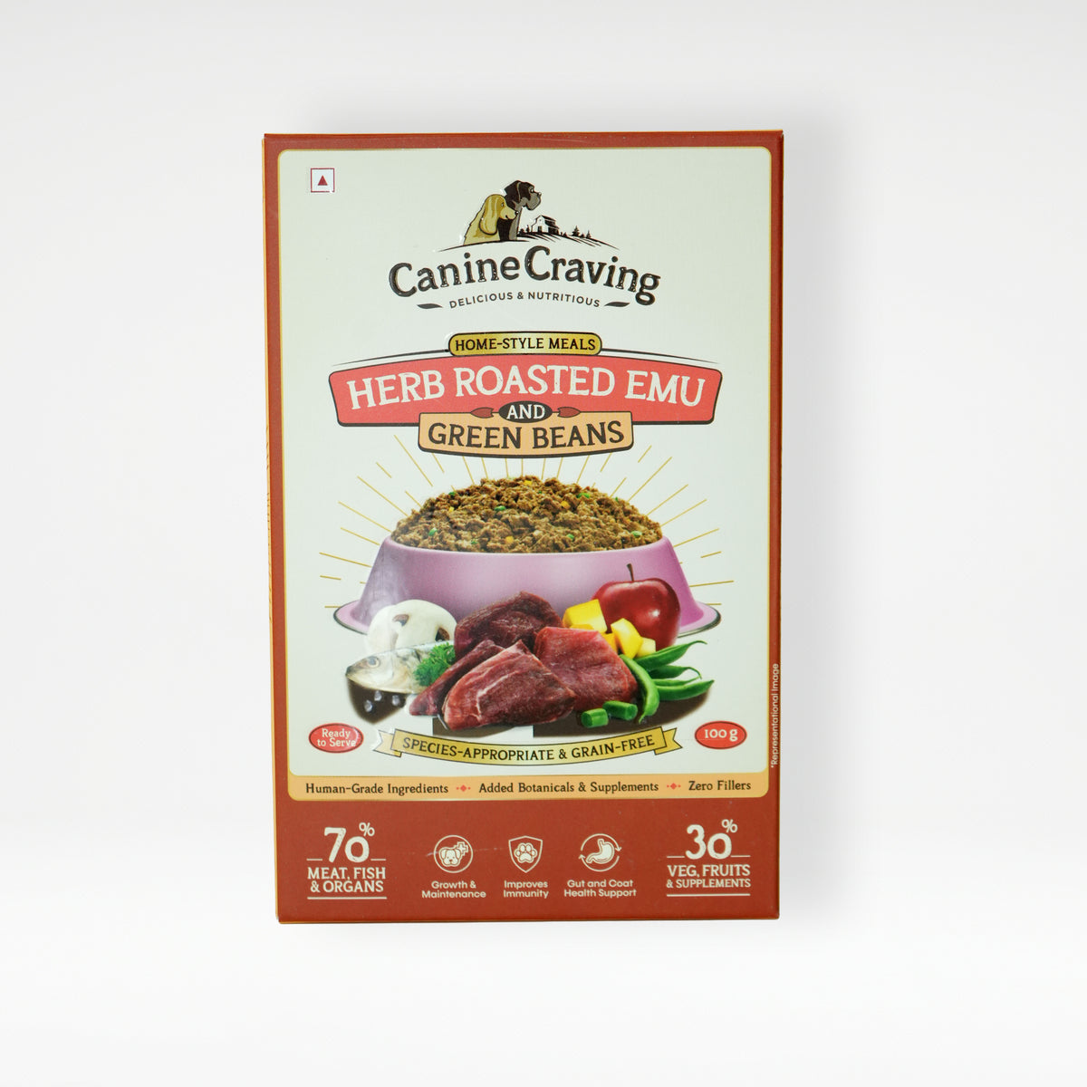 Canine Craving Herb Roasted Emu and Green Beans fresh meal pack, front view