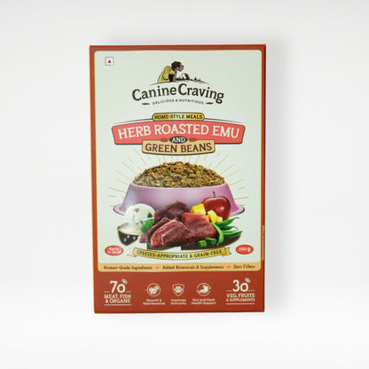 Canine Craving Herb Roasted Emu and Green Beans fresh meal pack, front view