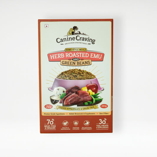 Canine Craving Herb Roasted Emu and Green Beans fresh meal pack, front view
