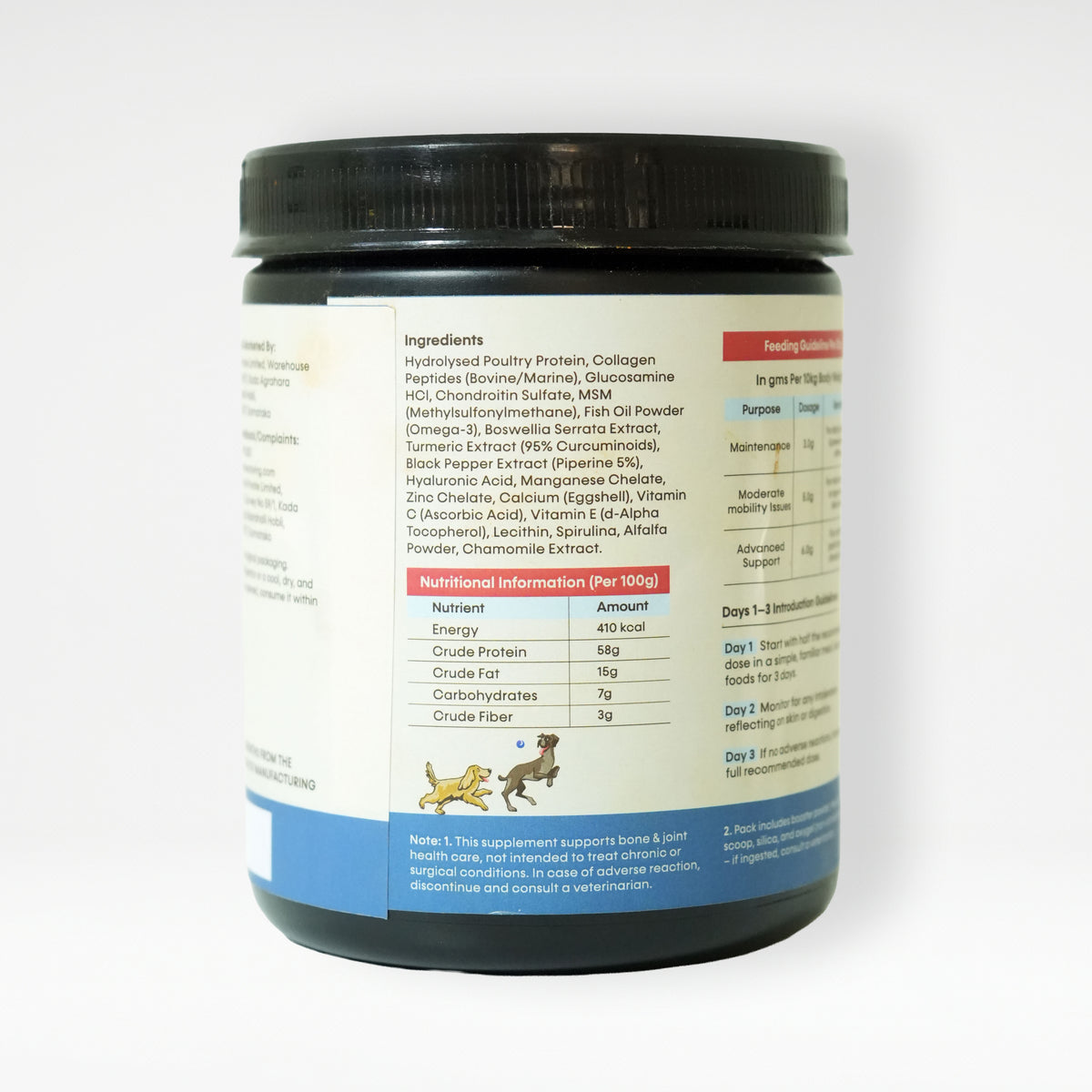 Holistic Bone & Joint Care dog supplement back label with ingredients and nutritional information