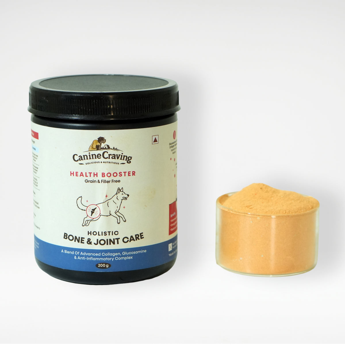 Holistic Bone & Joint Care jar for dogs with powder serving in glass bowl