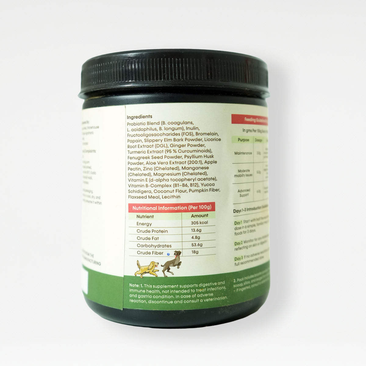 Holistic Gut & Microbiome Care dog supplement back label with ingredients and nutritional information
