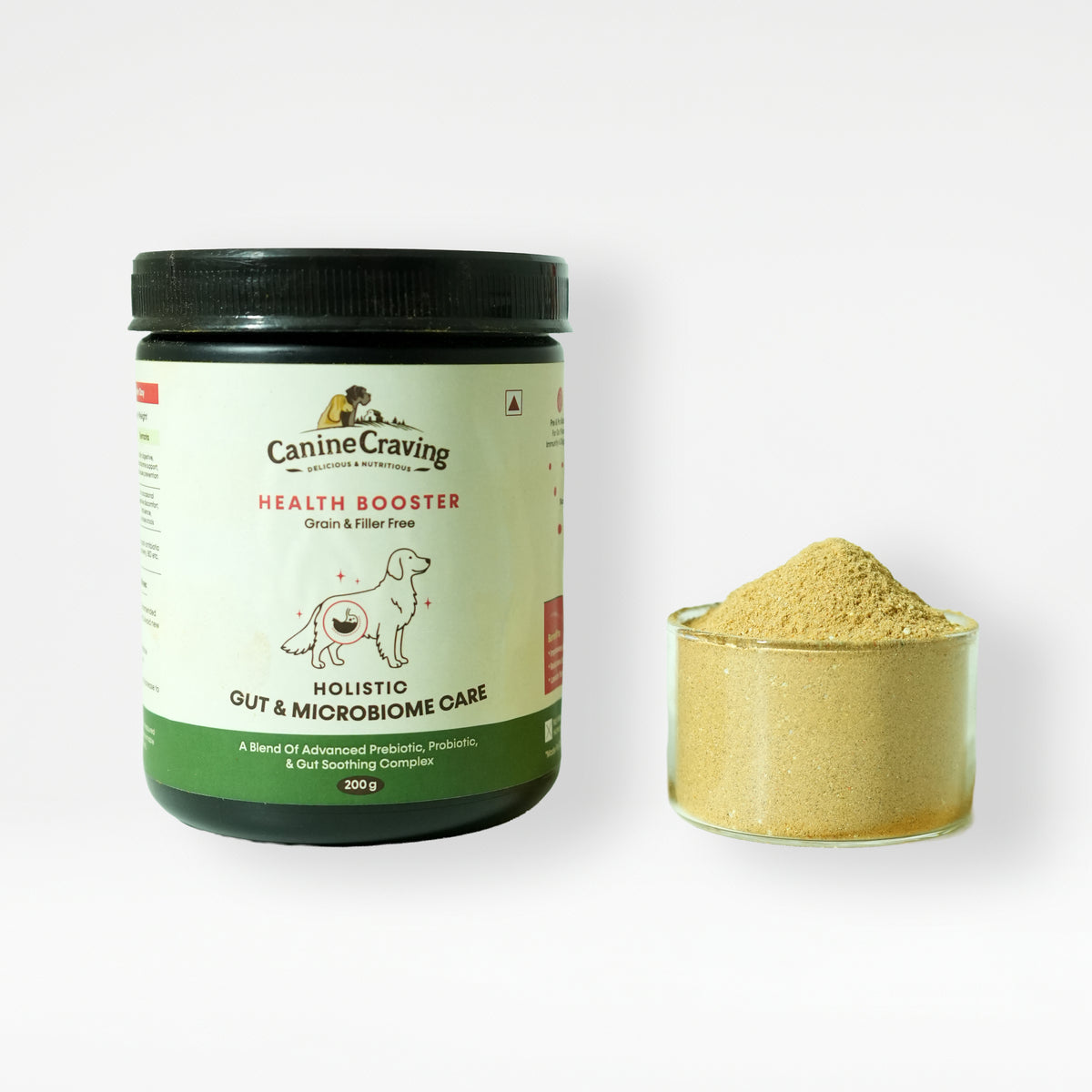 Holistic Gut & Microbiome Care jar for dogs with powder serving in glass bowl