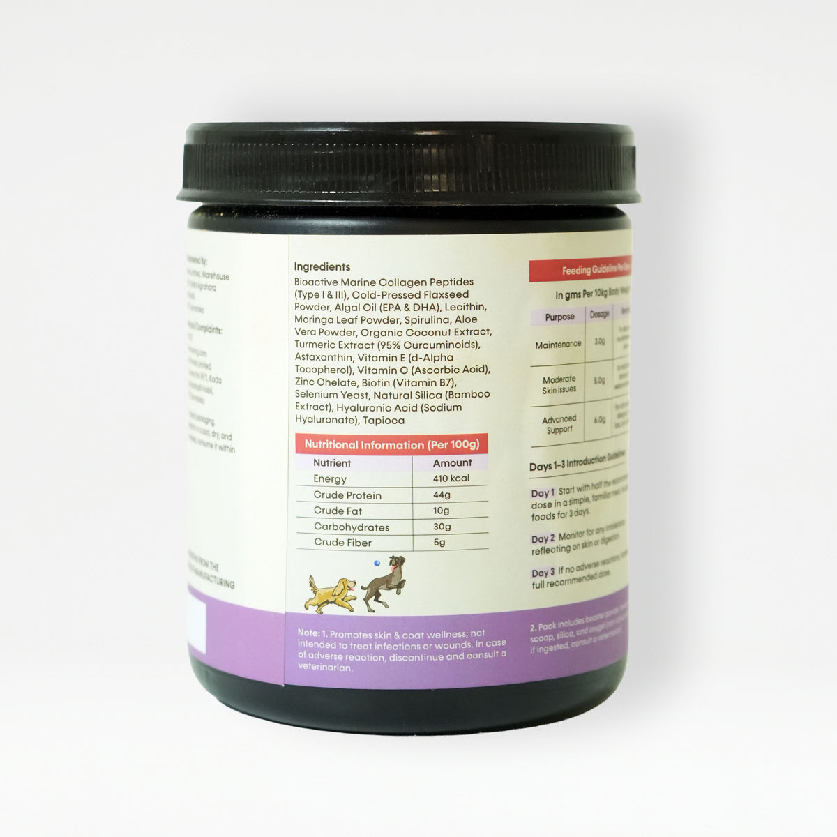 Holistic Skin & Coat Care dog supplement back label with ingredients and nutritional information