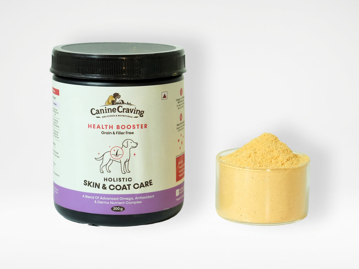 Holistic Skin & Coat Care jar for dogs with powder serving in glass bowl