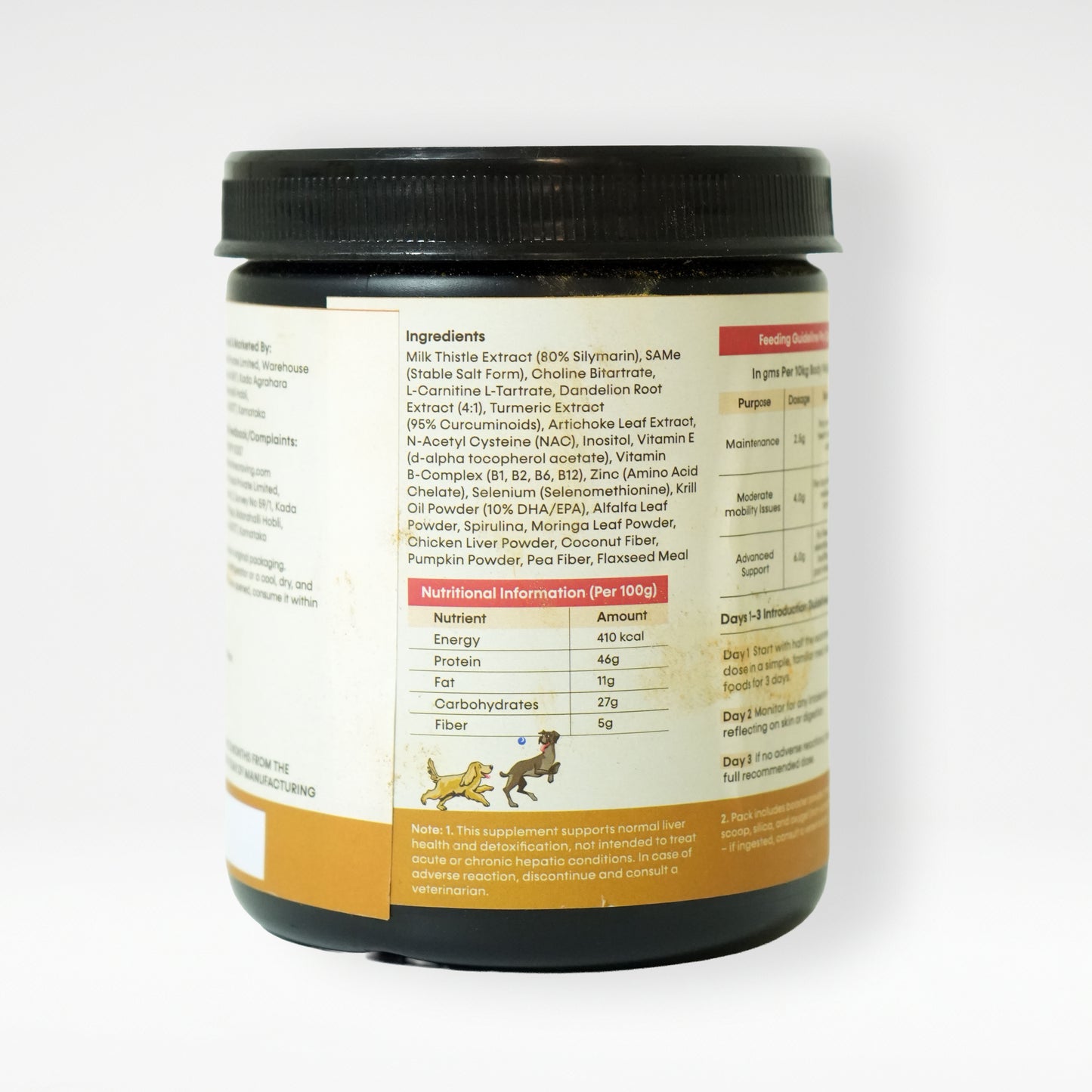 Holistic Liver Care dog supplement back label with ingredients and nutritional information