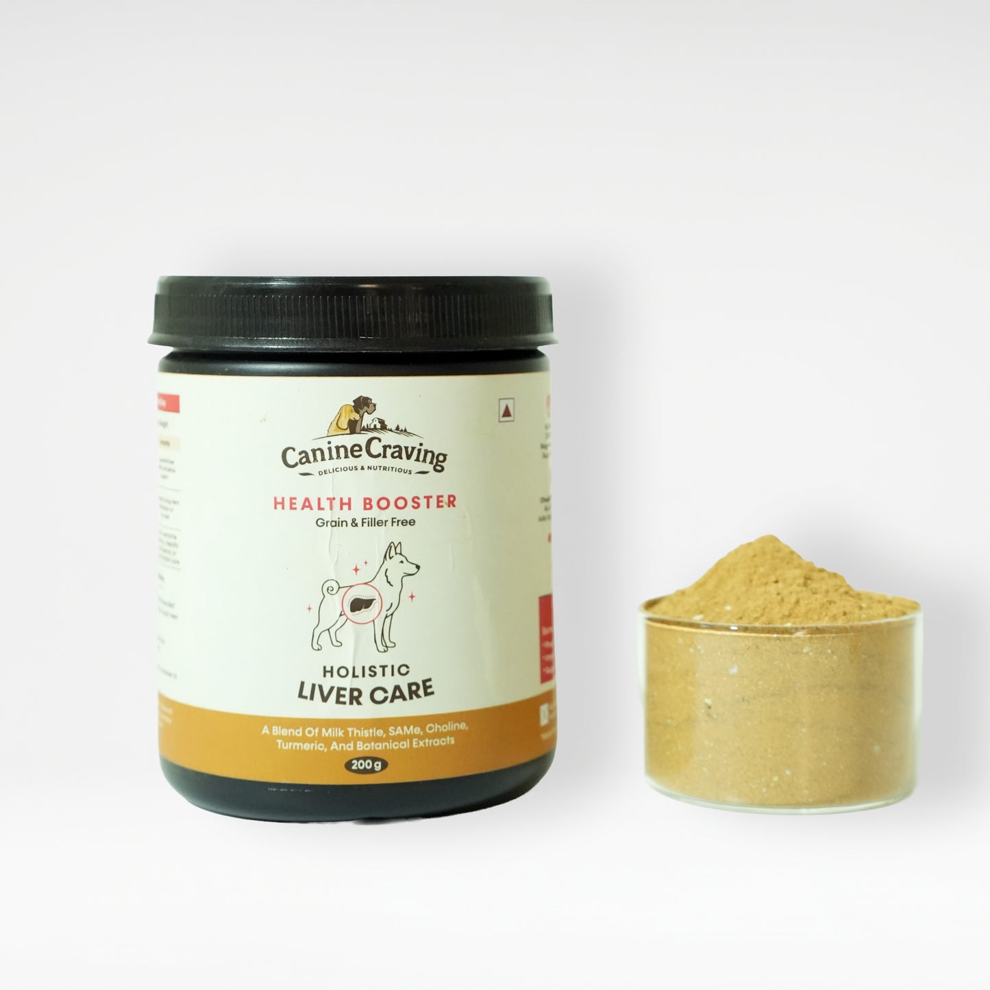 Holistic Liver Care jar for dogs with powder serving in glass bowl