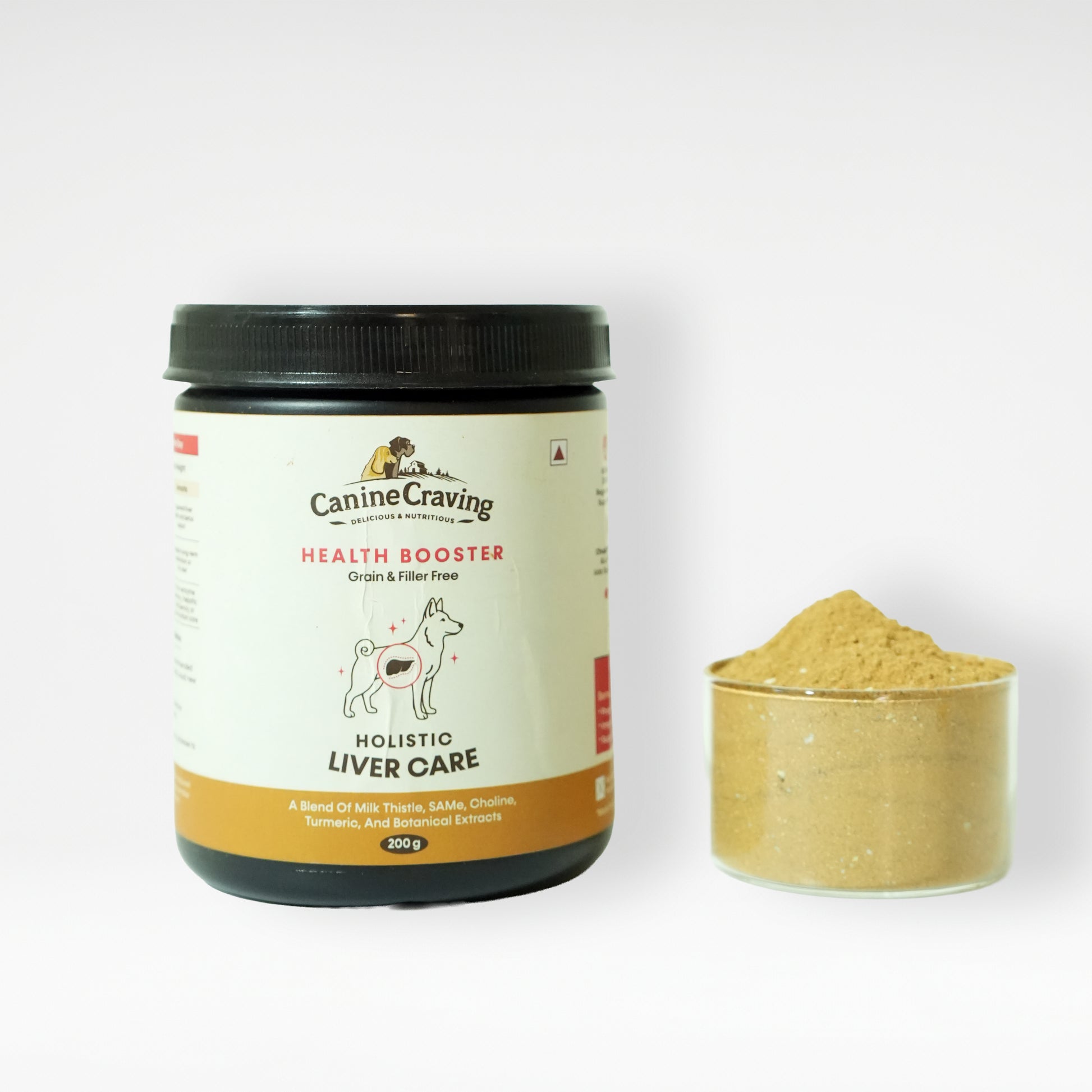 Holistic Liver Care jar for dogs with powder serving in glass bowl