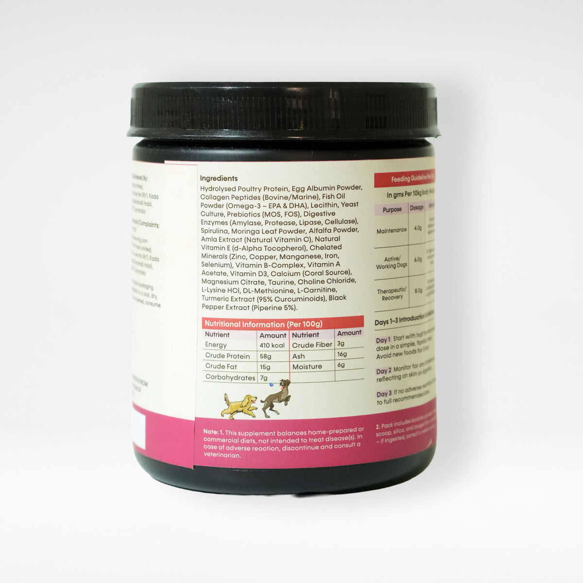 Meal Balancer Formula dog supplement back label with ingredients and nutritional information